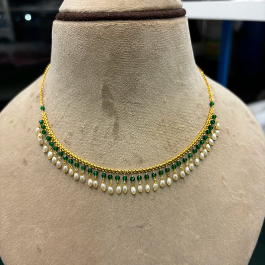 Hk0196 Green CZ & Pearl Necklace