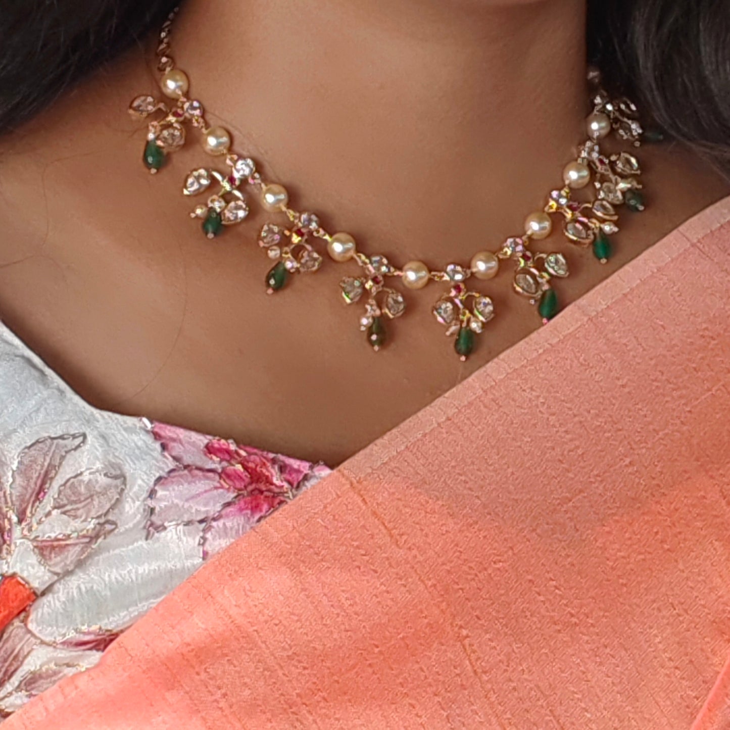 #green drops and Swarovski pearl necklace HK0480